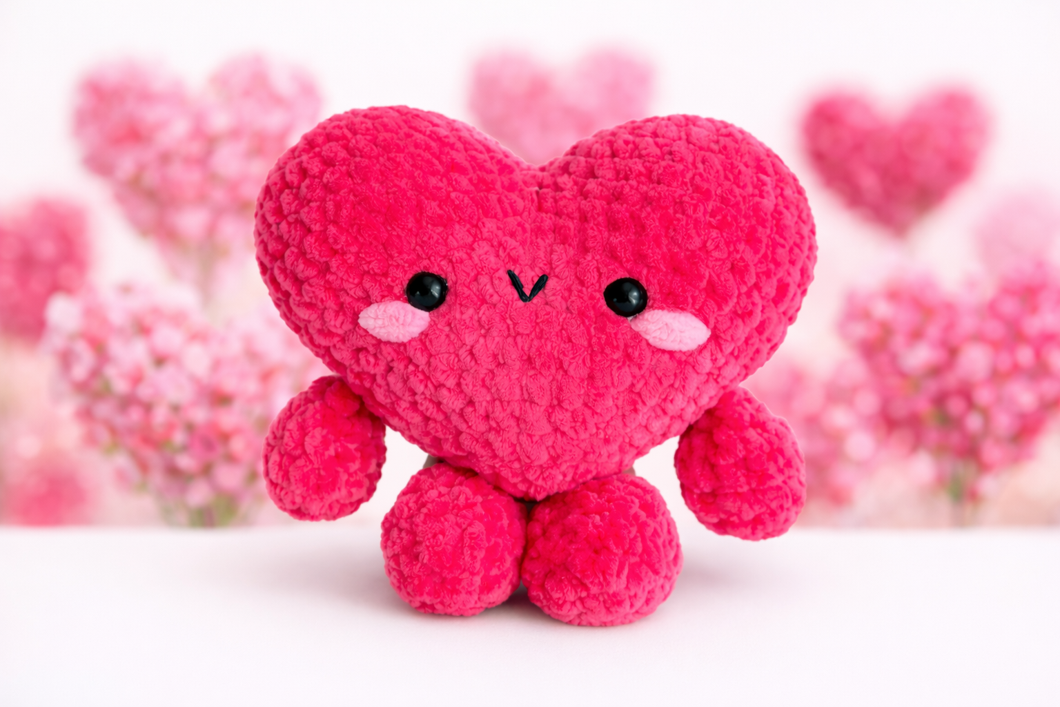 Plush heart amigurumi crochet toy made with soft yarn on a light background