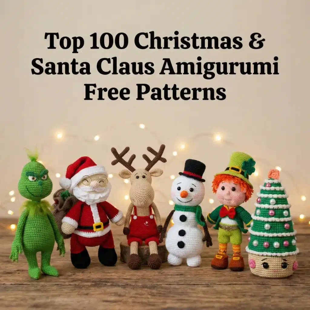 Top 100 Christmas and Santa Claus amigurumi free crochet patterns featuring reindeer, snowman, elf and festive Santa dolls
