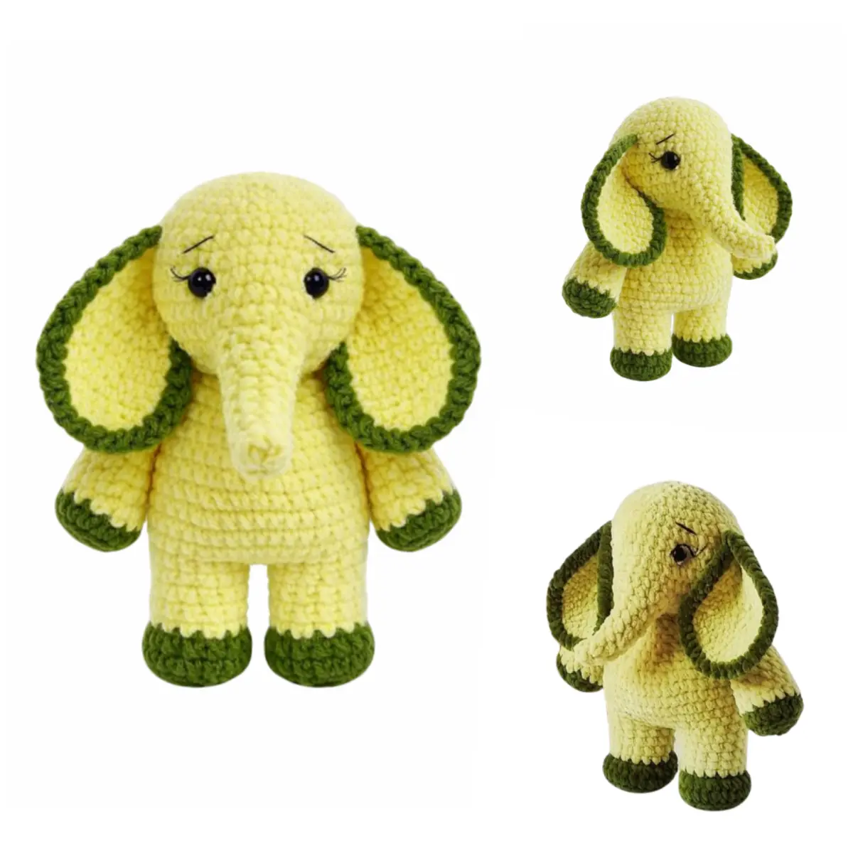 amigurumi elephant crochet pattern collage showing front side and back views of plush toy