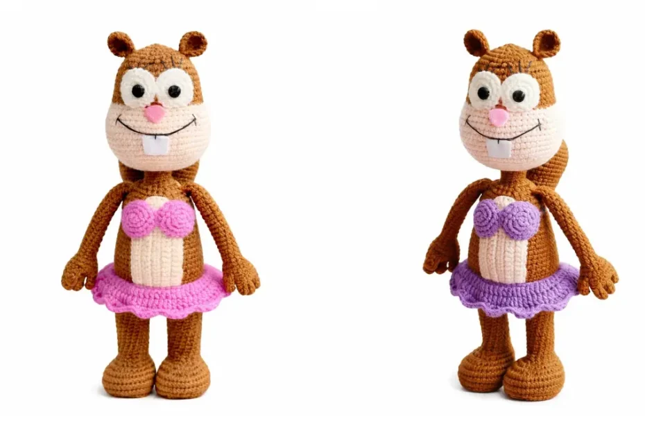 Sandy squirrel amigurumi crochet doll in two color variations wearing a dress, handmade plush toy pattern.