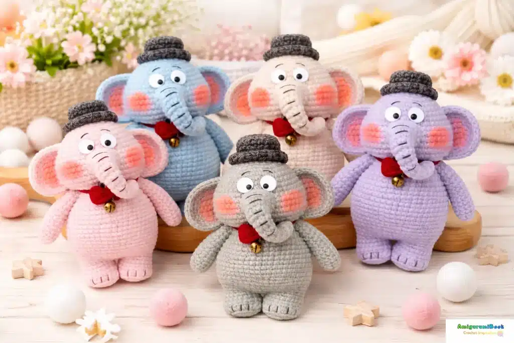 Amigurumi elephant toy with bow tie and round ears