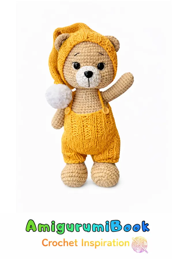 Hand-crocheted amigurumi teddy bear wearing a mustard yellow romper and matching hat on a white background