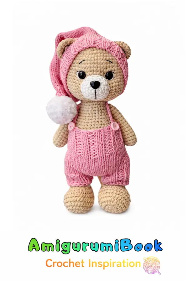 Hand-crocheted amigurumi teddy bear wearing a pink romper and matching hat on a white background