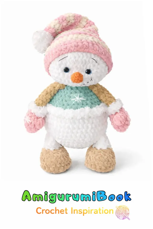 Handmade rainbow snowman amigurumi with colorful hat, mittens, and cozy winter details
