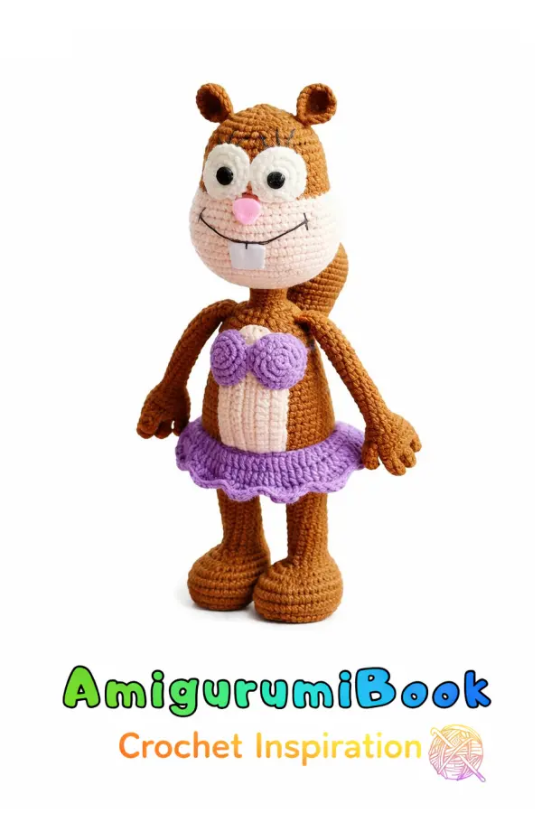 Handmade squirrel amigurumi with fluffy tail and detailed shaping in soft pastel colors.