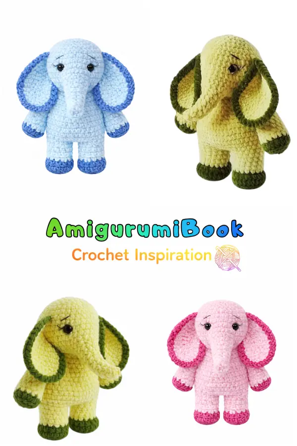 amigurumi elephant crochet pattern examples in multiple colors, handmade plush toys