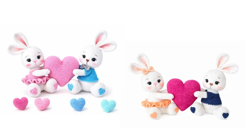 Sweetheart bunny couple amigurumi crochet dolls holding a large red heart
