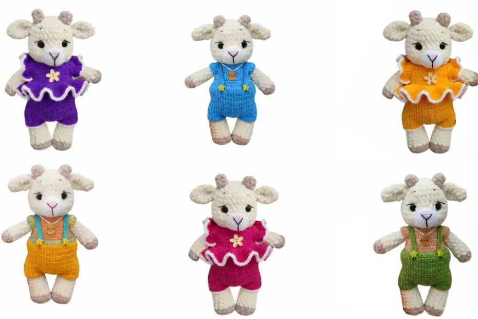 Goat kids amigurumi crochet dolls in different outfit colors