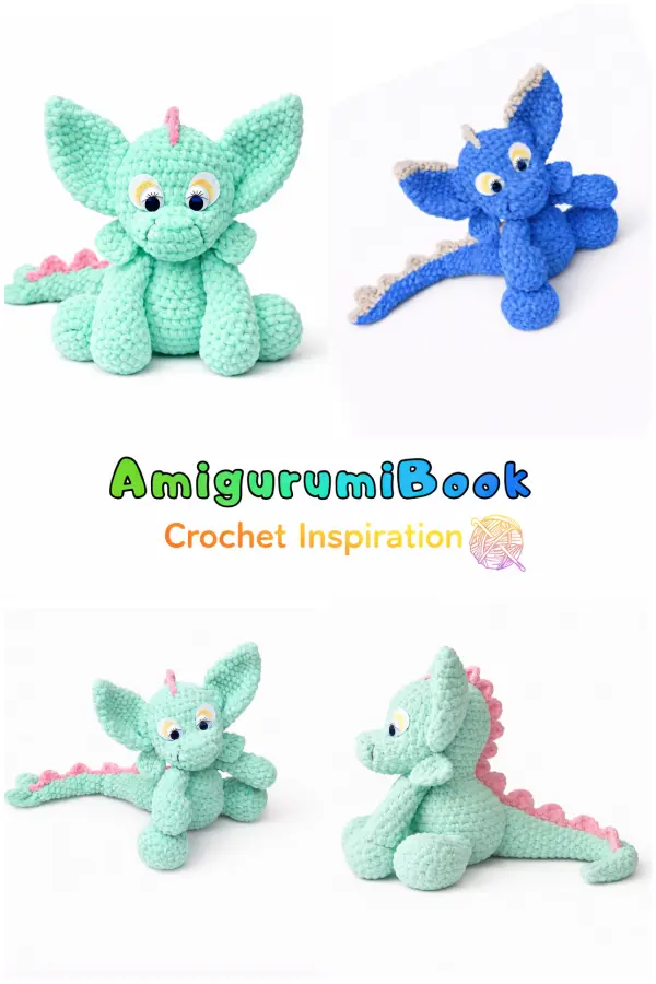 Dragon amigurumi crochet toys in green and blue colors, handmade plush amigurumi examples