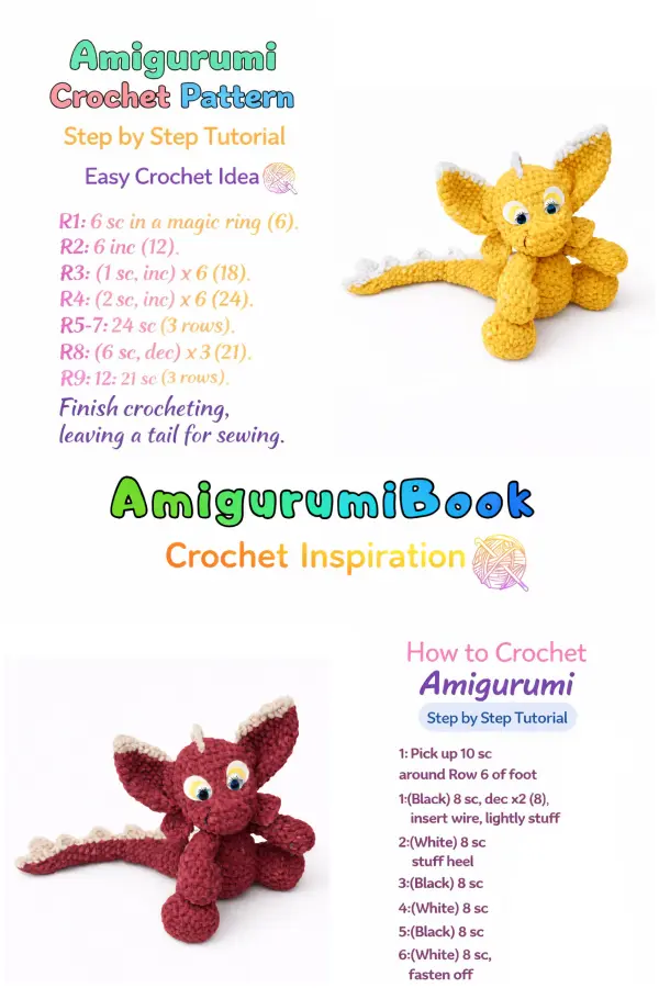 Yellow dragon amigurumi crochet pattern tutorial image, step by step plush amigurumi