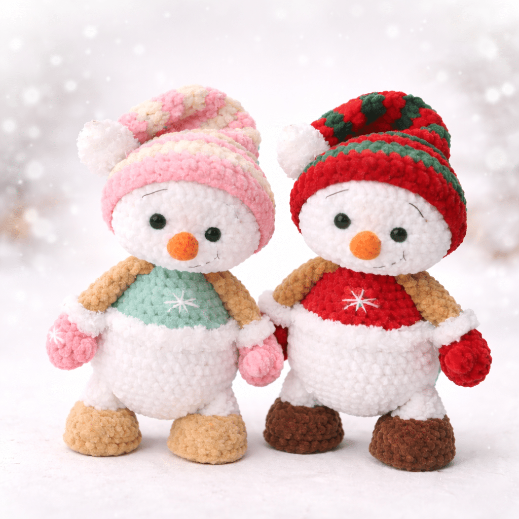 Cute handmade amigurumi snowman crochet dolls with winter hats and plush yarn texture