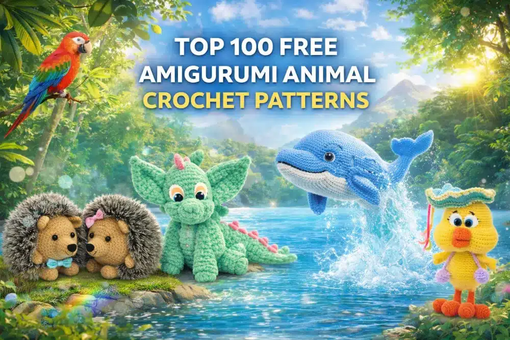 Top 100 free amigurumi animal crochet patterns featuring dragon, dolphin, hedgehog, panda, deer and forest animals by a river scene