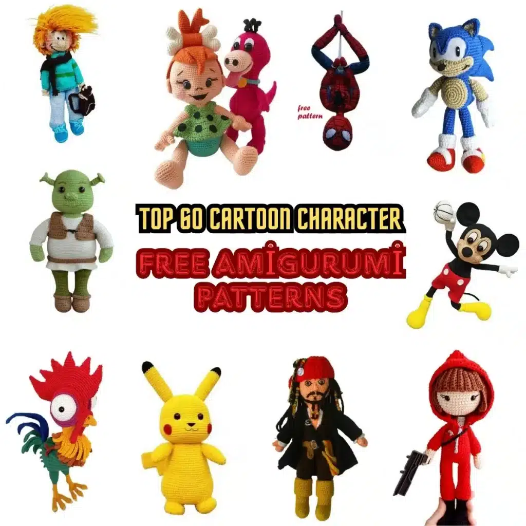 Top 60 cartoon characters amigurumi free crochet patterns square banner featuring colorful crochet dolls in movie reel style design