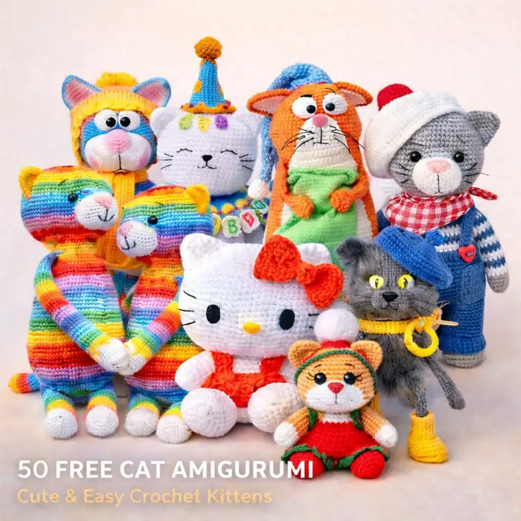 10 colorful cat amigurumi dolls featured in a 50 free cat crochet patterns collection banner