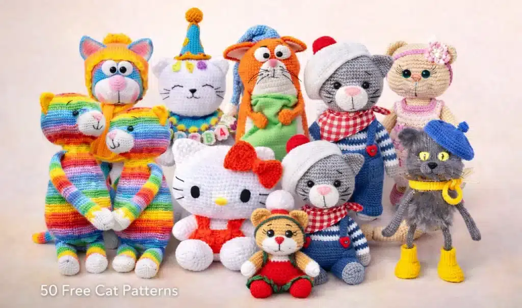 10 colorful cat amigurumi dolls featured in a 50 free cat crochet patterns collection banner