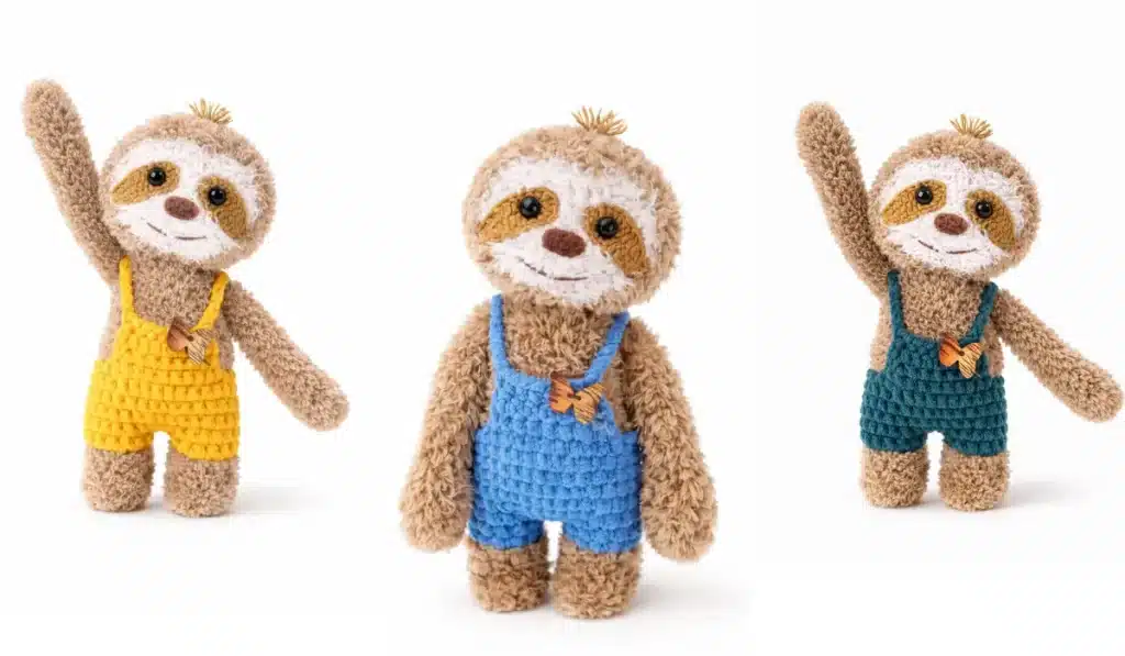 Sloth Lori amigurumi crochet doll wearing cute overalls