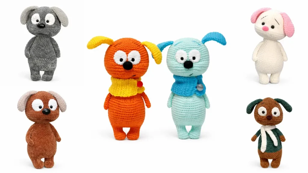 cute timka dog amigurumi crochet pattern colorful puppy toys collage