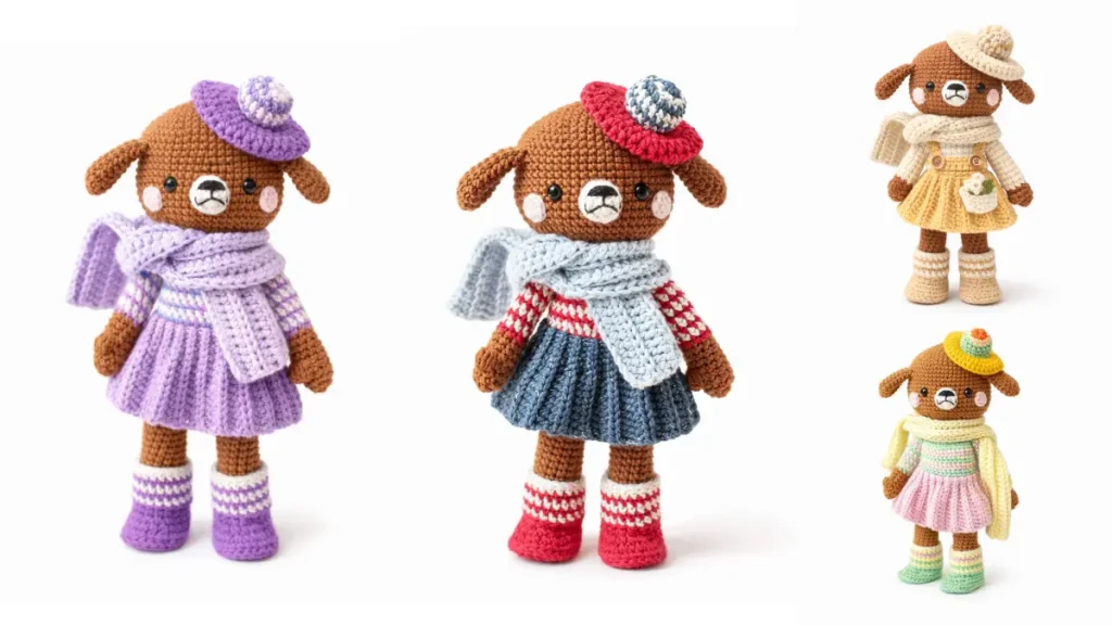 Madeleine Dog amigurumi crochet doll with beret and scarf