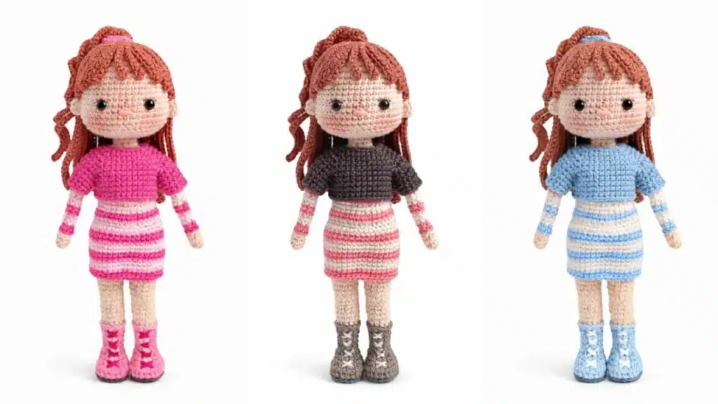 cute julie doll amigurumi crochet pattern different outfits handmade dolls collage