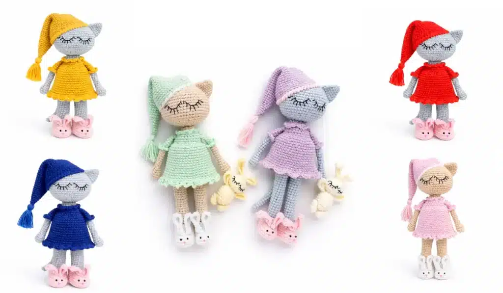 Cute kitty doll amigurumi crochet dolls with dress and hat in different colors