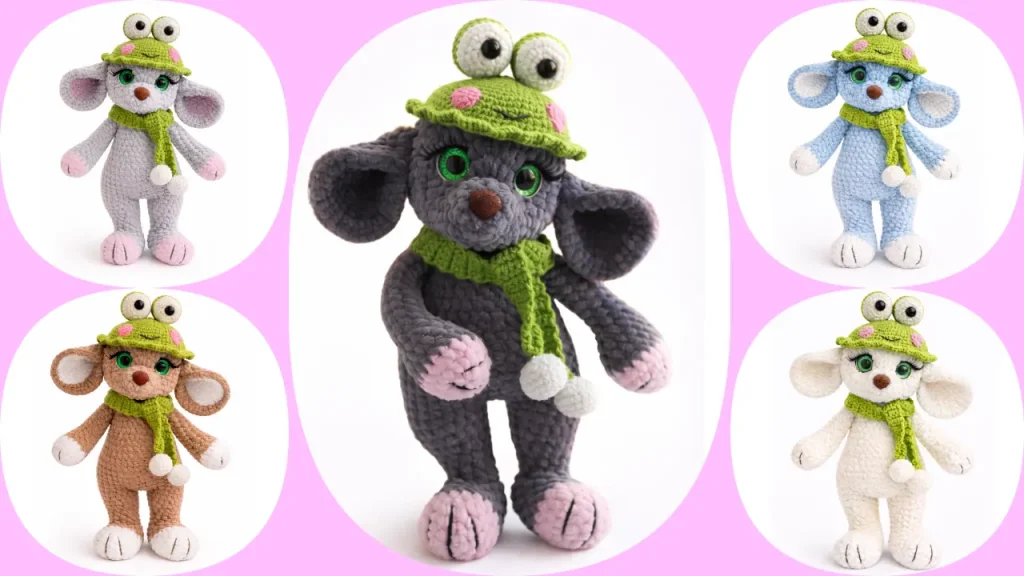 Cute mouse amigurumi doll wearing frog hat crochet pattern