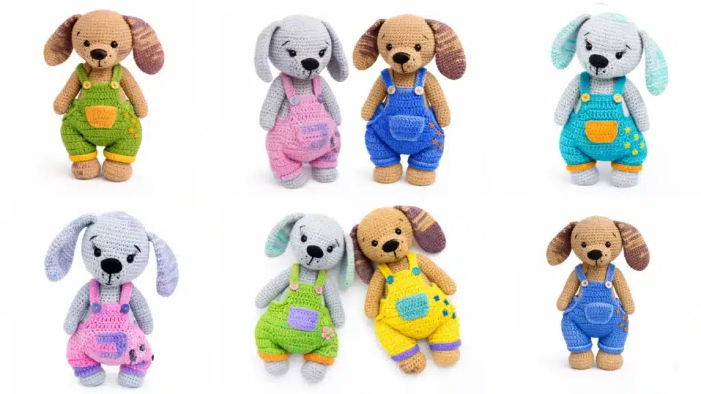 Cute dog in overalls amigurumi crochet pattern puppy doll collection