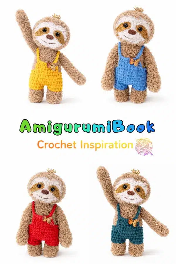 Cute sloth amigurumi doll with overall straps and smile
