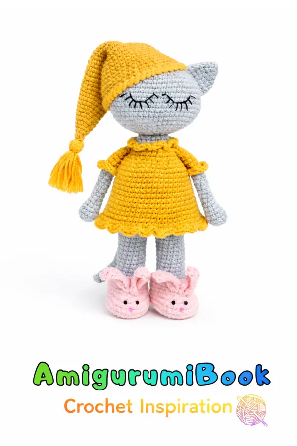 Handmade kitty doll crochet toy with dress and slippers