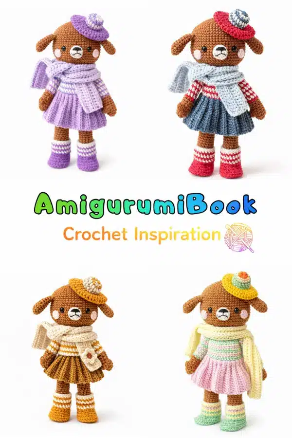 Amigurumi dog wearing beret, scarf and pleated skirt