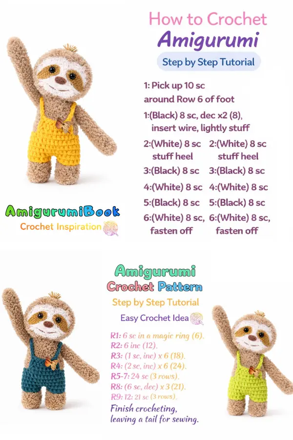 Plush sloth crochet toy with long arms and soft body