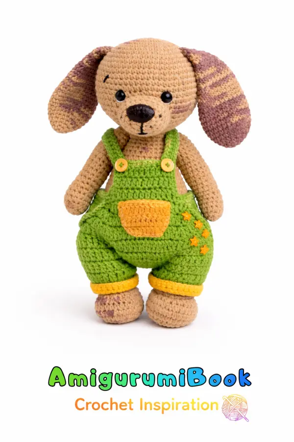 Dog amigurumi doll wearing overalls crochet pattern finished toy