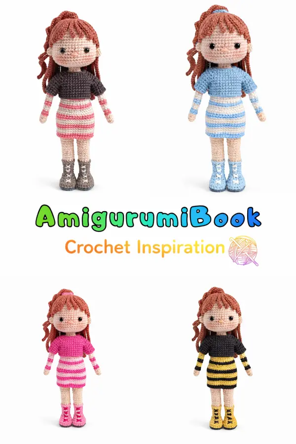 handmade amigurumi doll with detailed hair and stylish outfit