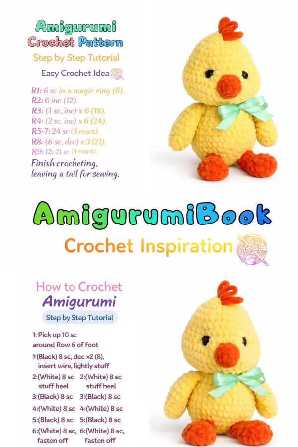 Yellow chick amigurumi crochet doll with bow and crest