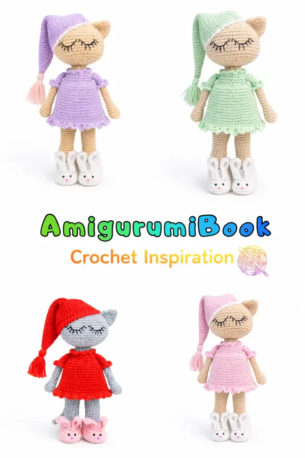 Crochet kitty doll with hat dress and bunny toy accessory