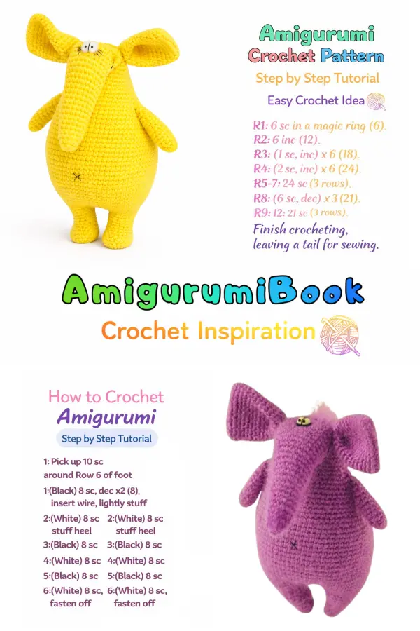 Adorable elephant crochet toy with long trunk amigurumi pattern
