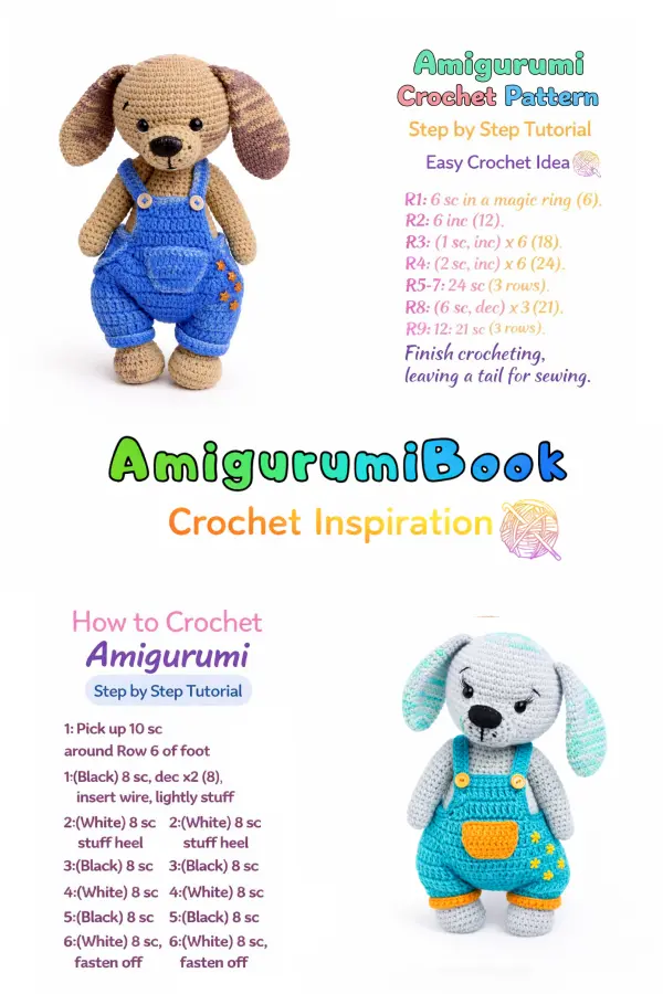 Handmade dog amigurumi plush toy in overalls crochet pattern