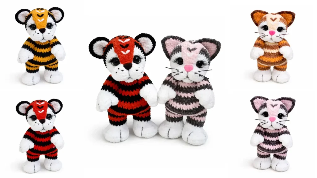cute tiger and cat amigurumi crochet pattern plush animal friends collage