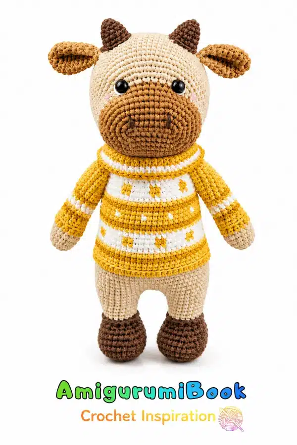 Crochet Cow Plush Toy in Colorful Winter Sweater